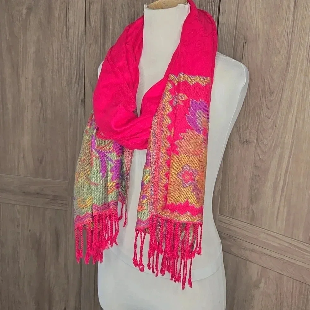 Pink Multicolor Fringe Scarf Boho Lightweight Oversized Wrap